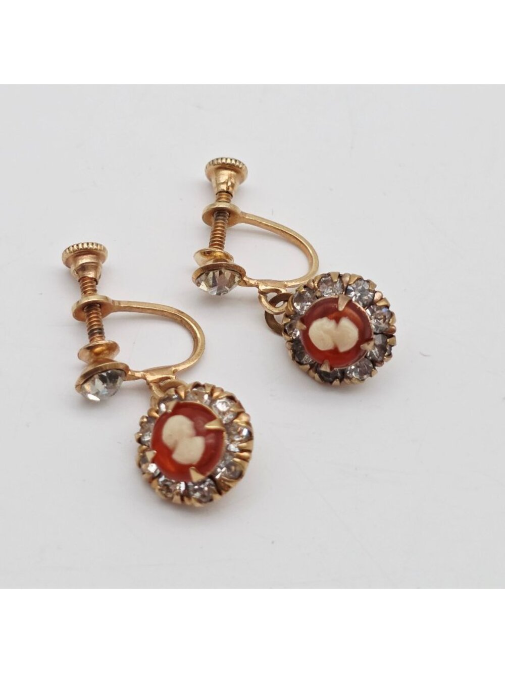 Vintage Gold-Tone Cameo Screw Back Earrings With Rhinestone Accents